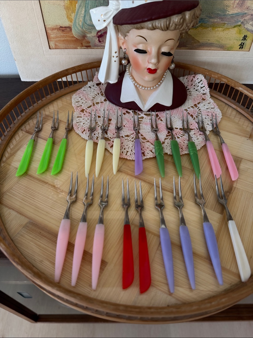 Vintage Mid Century Cocktail Forks Set - Colorful Lucite Plastic Handles- 21